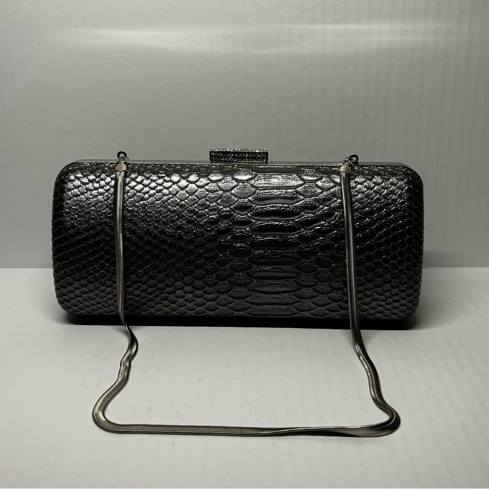 Black Metallic Snake-Embossed Evening Clutch with Chain